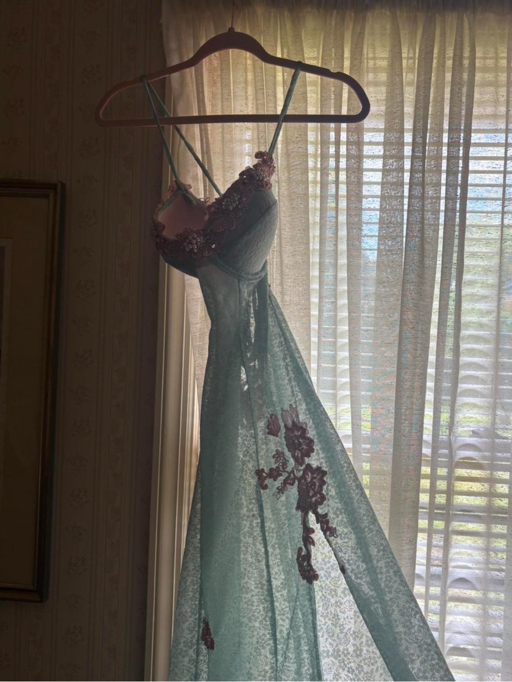 Vintage Mint Lace Chemise with Rose Appliqué
